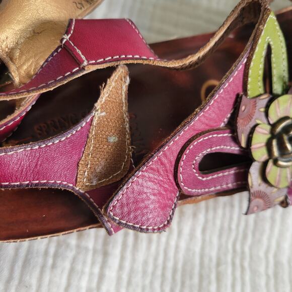 L'Artiste Womens EU 42 US 10 Tooled Leather Sandals Floral Pink Brown Green - Picture 4 of 10